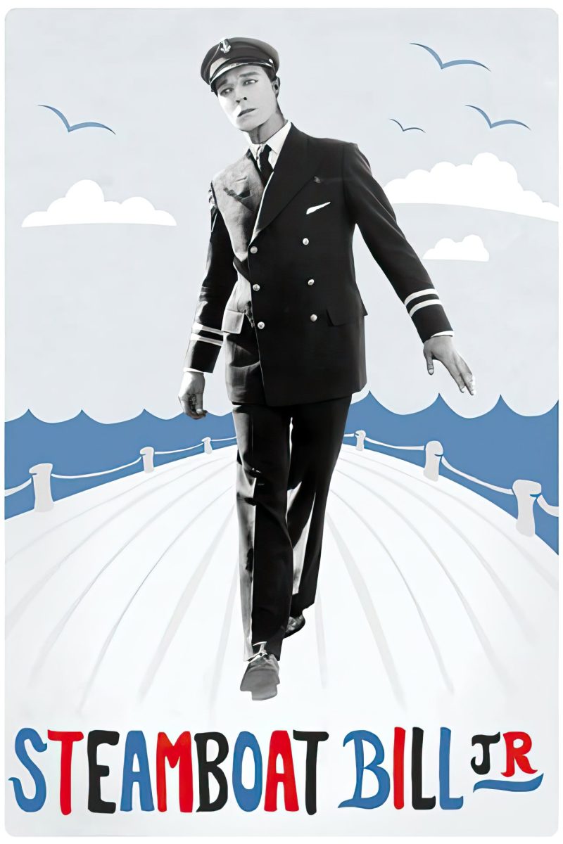 Πόστερ ταινίας Steamboat Bill, Jr. – άντρας με στολή ναυτικού σε καράβι, με μπλε κύματα και γλάρους — εικόνα 1 από 6