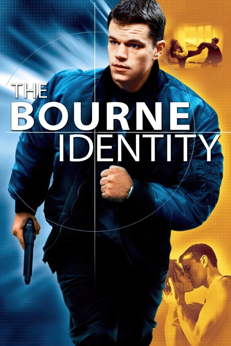 Πόστερ ταινίας The Bourne Identity – άντρας με μπλε μπουφάν και πιστόλι που τρέχει, σε μπλε και πορτοκαλί — εικόνα 1 από 6