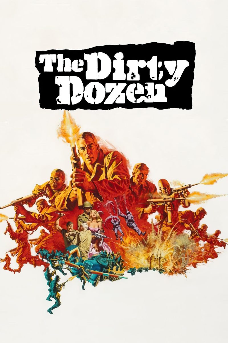 Πόστερ ταινίας The Dirty Dozen – στρατιώτες με αυτόματα όπλα σε μια φλογερή μάχη, σε λευκό φόντο — εικόνα 1 από 6