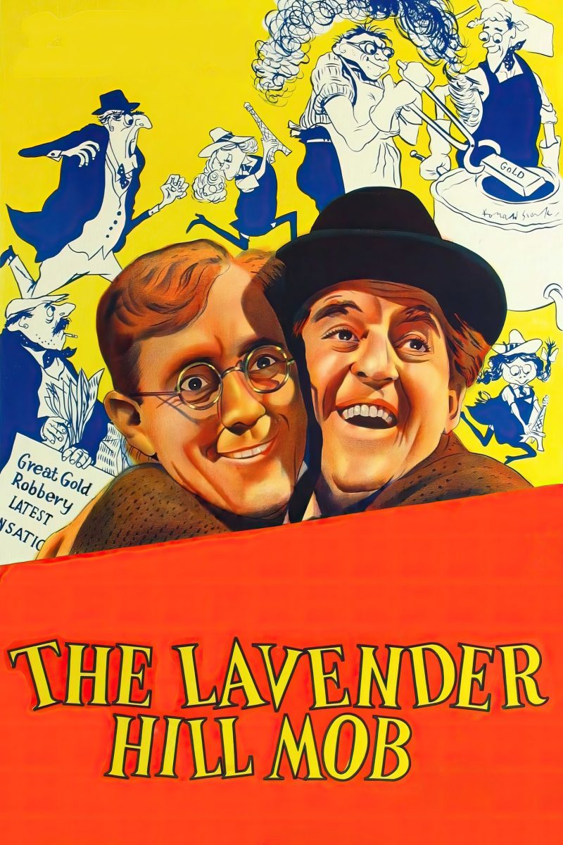 Πόστερ ταινίας The Lavender Hill Mob – δύο χαμογελαστοί άντρες ανάμεσα σε μπλε καρικατούρες, σε κίτρινο και κόκκινο — εικόνα 1 από 6