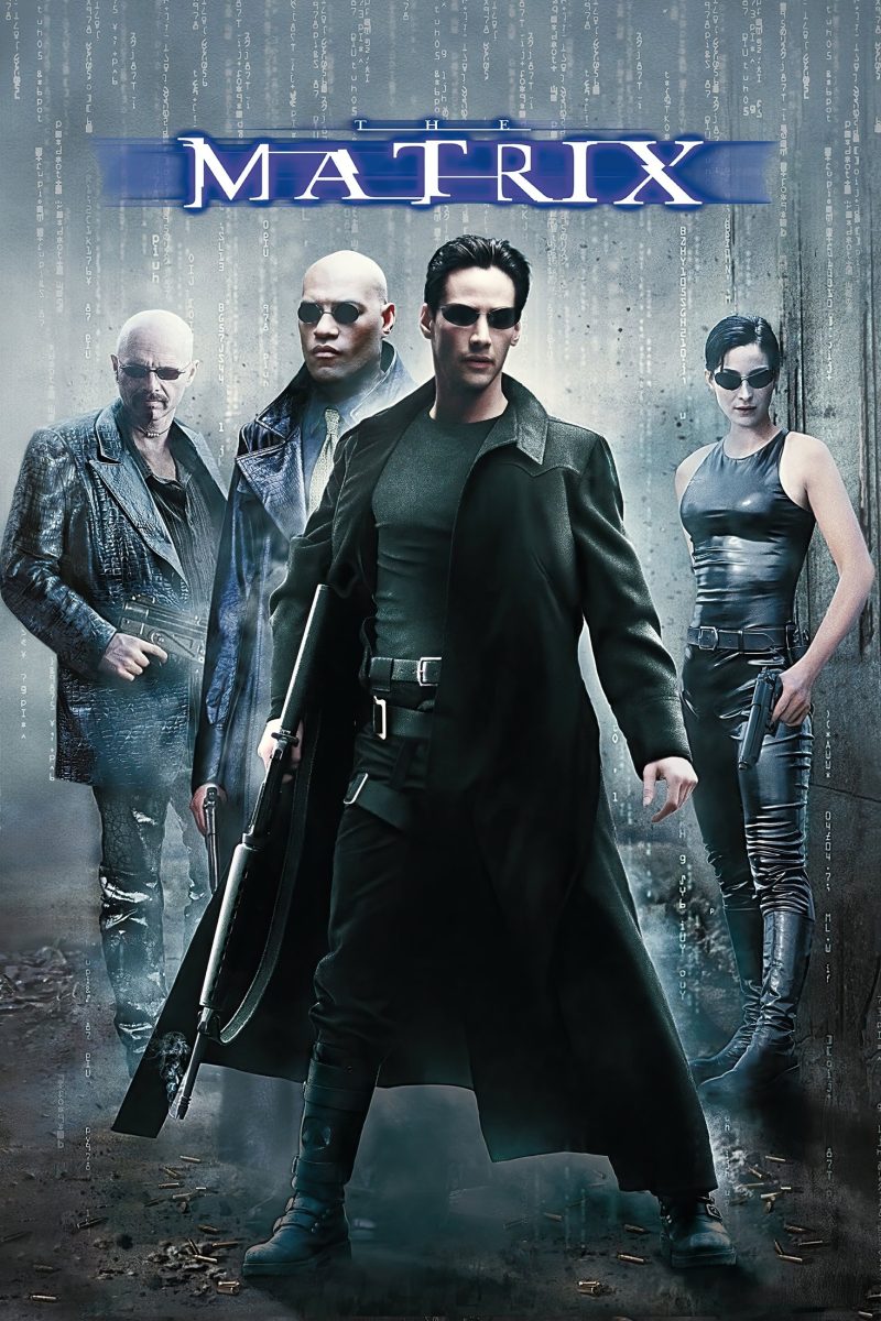 Πόστερ ταινίας The Matrix – τέσσερις μορφές με μαύρα δερμάτινα και γυαλιά ηλίου μέσα σε ψηφιακή βροχή — εικόνα 1 από 6