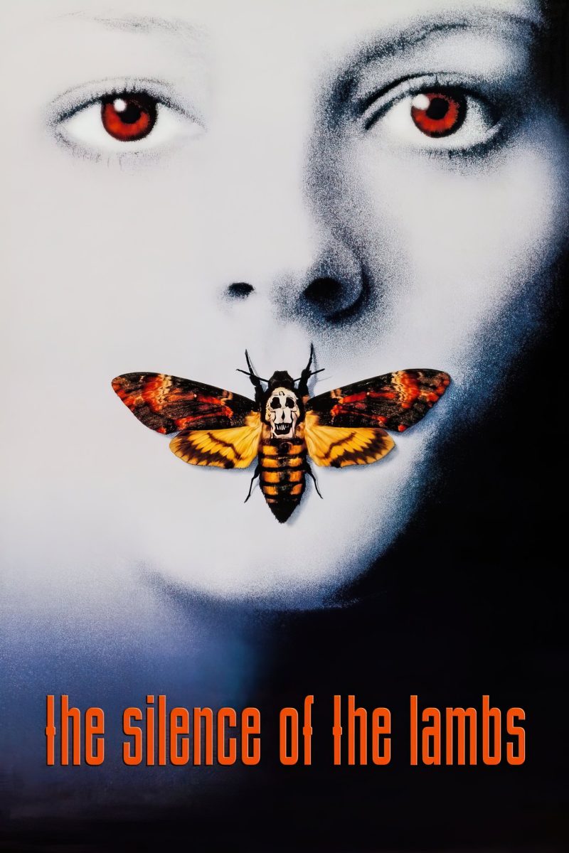Πόστερ ταινίας The Silence of the Lambs – χλωμό γυναικείο πρόσωπο με κόκκινα μάτια και μια νυχτοπεταλούδα στα χείλη — εικόνα 1 από 6