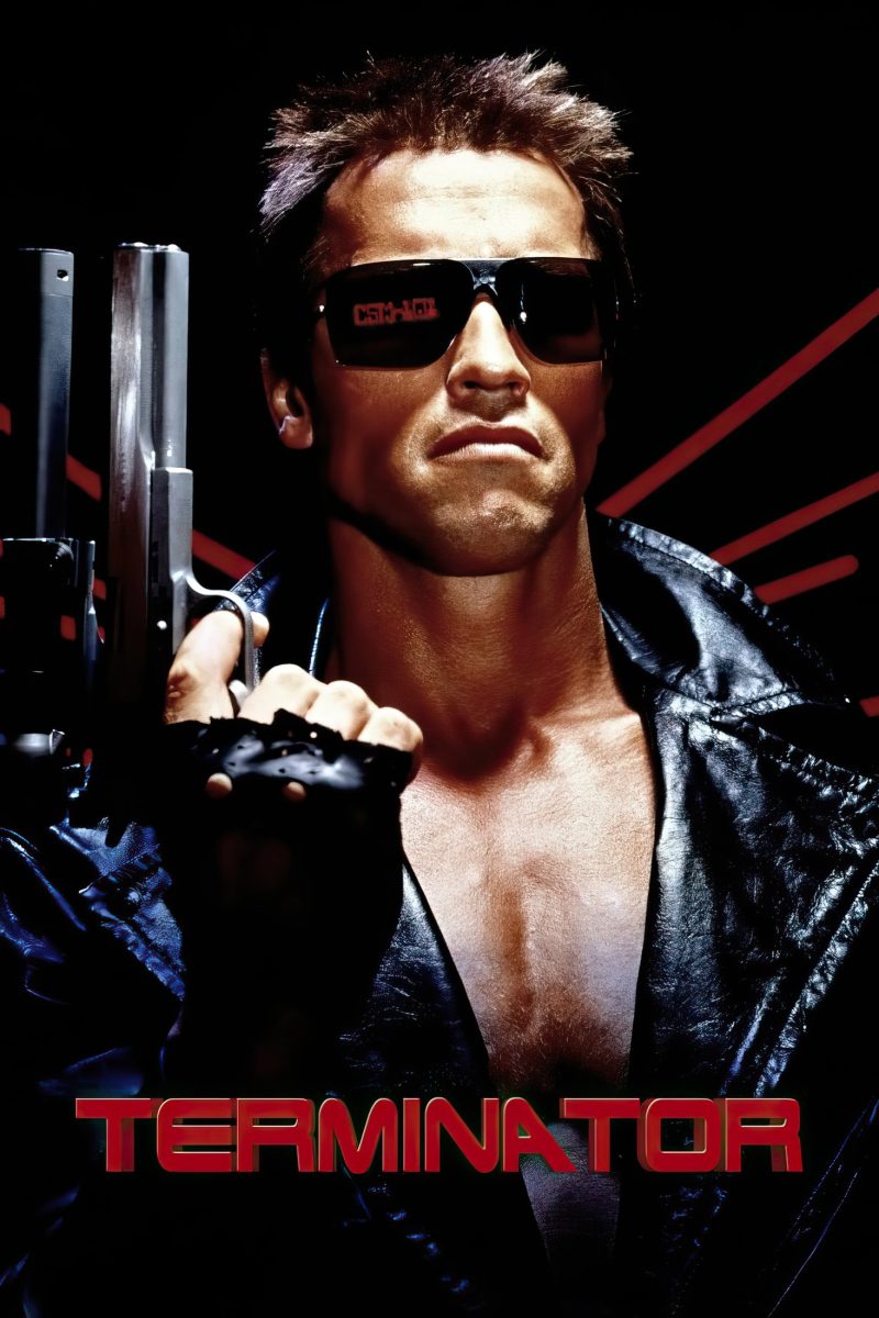 Πόστερ ταινίας The Terminator – άντρας με μαύρα γυαλιά ηλίου, δερμάτινο μπουφάν και όπλο, σε μαύρο φόντο — εικόνα 1 από 6