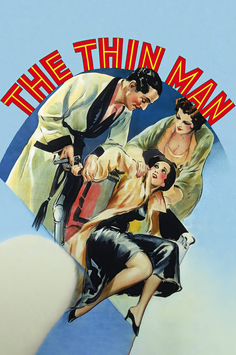 Πόστερ ταινίας The Thin Man – άντρας με ρόμπα και πιστόλι ανάμεσα σε δύο γυναίκες, σε γαλάζιο φόντο — εικόνα 1 από 6