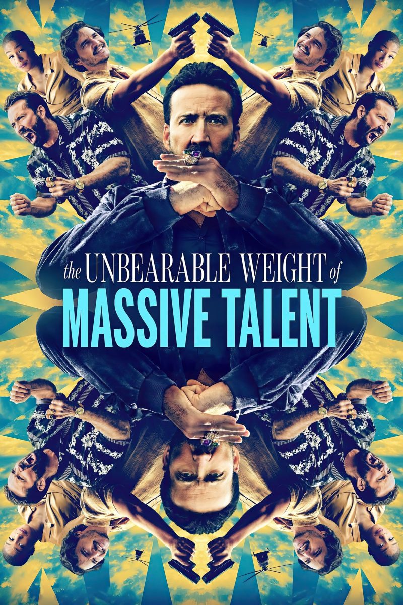 Πόστερ ταινίας The Unbearable Weight of Massive Talent – συμμετρικό κολάζ προσώπων σε κίτρινο και τιρκουάζ — εικόνα 1 από 6