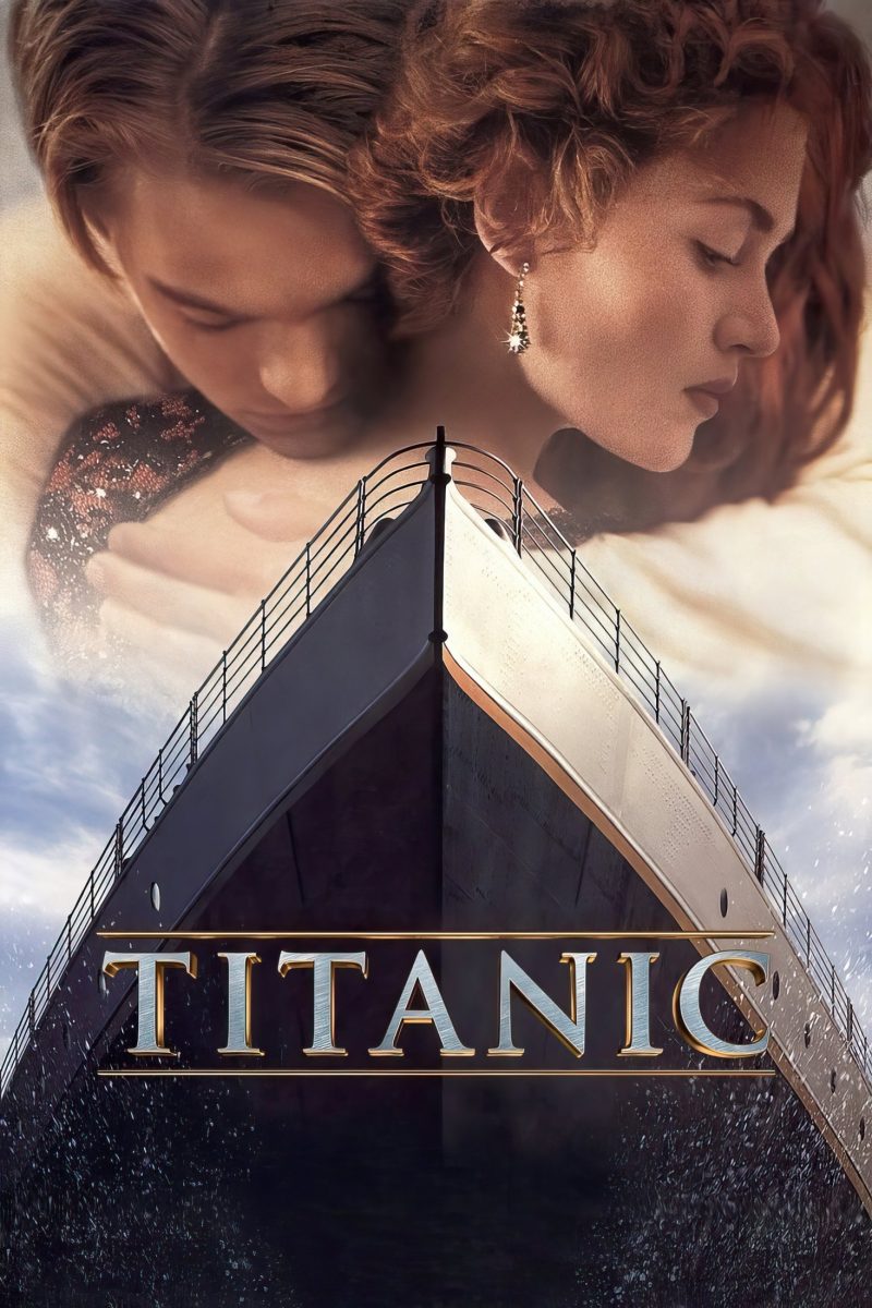 Πόστερ ταινίας Titanic – ζευγάρι αγκαλιασμένο πάνω από την πλώρη του Τιτανικού σε συννεφιασμένο ουρανό — εικόνα 1 από 6