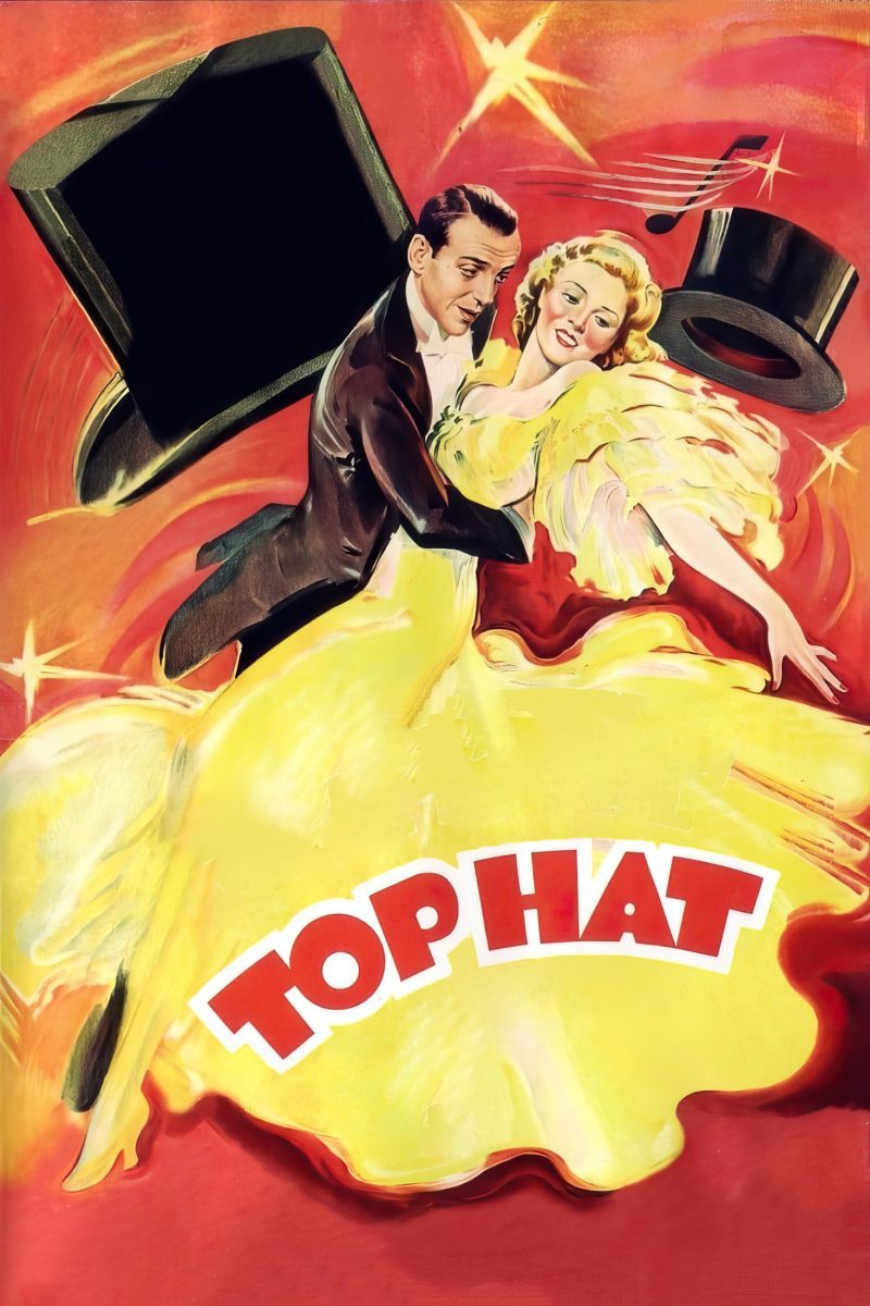 Πόστερ ταινίας Top Hat – ζευγάρι χορευτών με φράκο και κίτρινο φόρεμα ανάμεσα σε ψηλά καπέλα — εικόνα 1 από 6