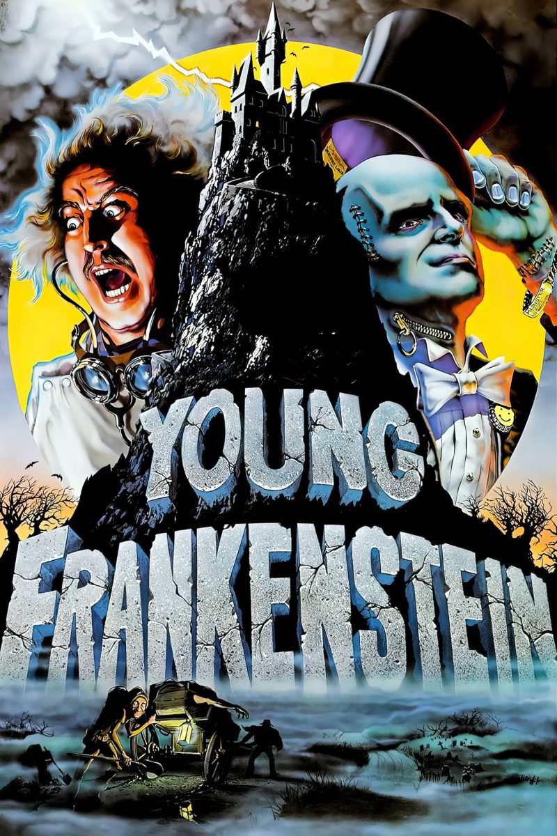Πόστερ ταινίας Young Frankenstein – ζωγραφιστός τρελός επιστήμονας και το τέρας δίπλα σε ένα σκοτεινό κάστρο — εικόνα 1 από 6