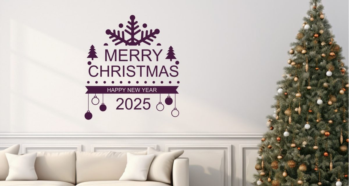 Αυτοκόλλητα Τοίχου - Αυτοκόλλητο “Merry Christmas & Happy New Year” με Μισή Νιφάδα, Μπάλες & Δεντράκια — εικόνα 1 από 6