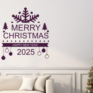 Αυτοκόλλητα Τοίχου - Αυτοκόλλητο “Merry Christmas & Happy New Year” με Μισή Νιφάδα, Μπάλες & Δεντράκια — εικόνα 1 από 6