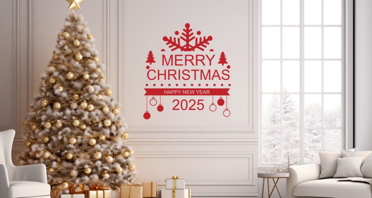 Αυτοκόλλητα Τοίχου - Αυτοκόλλητο “Merry Christmas & Happy New Year” με Μισή Νιφάδα, Μπάλες & Δεντράκια — εικόνα 3 από 6