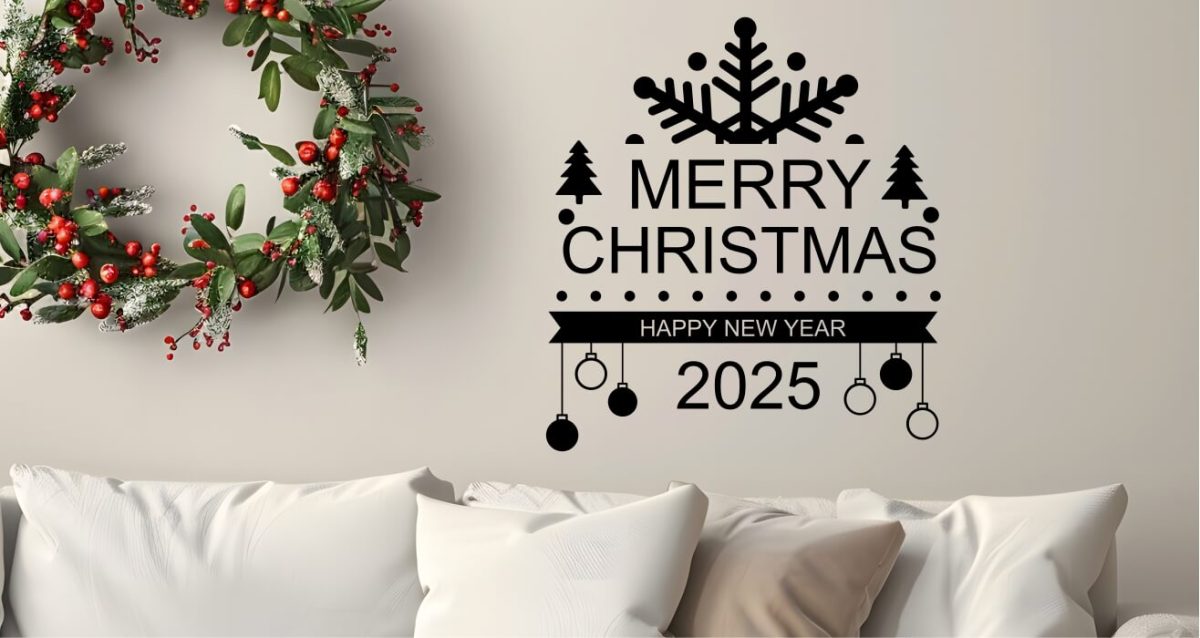 Αυτοκόλλητα Τοίχου - Αυτοκόλλητο “Merry Christmas & Happy New Year” με Μισή Νιφάδα, Μπάλες & Δεντράκια — εικόνα 4 από 6