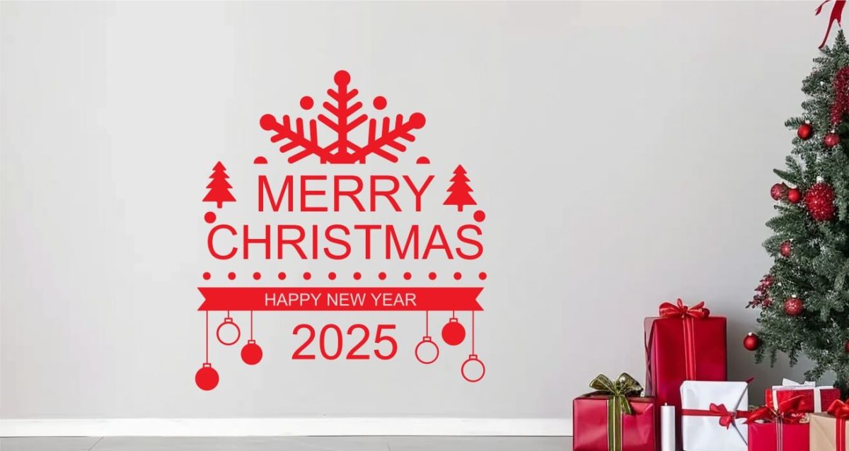 Αυτοκόλλητα Τοίχου - Αυτοκόλλητο “Merry Christmas & Happy New Year” με Μισή Νιφάδα, Μπάλες & Δεντράκια — εικόνα 5 από 6