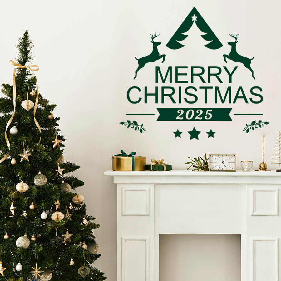 Αυτοκόλλητα Τοίχου - Αυτοκόλλητο “Merry Christmas 2025” με Ελαφάκια, Έλατο & Αστεράκια — εικόνα 2 από 6