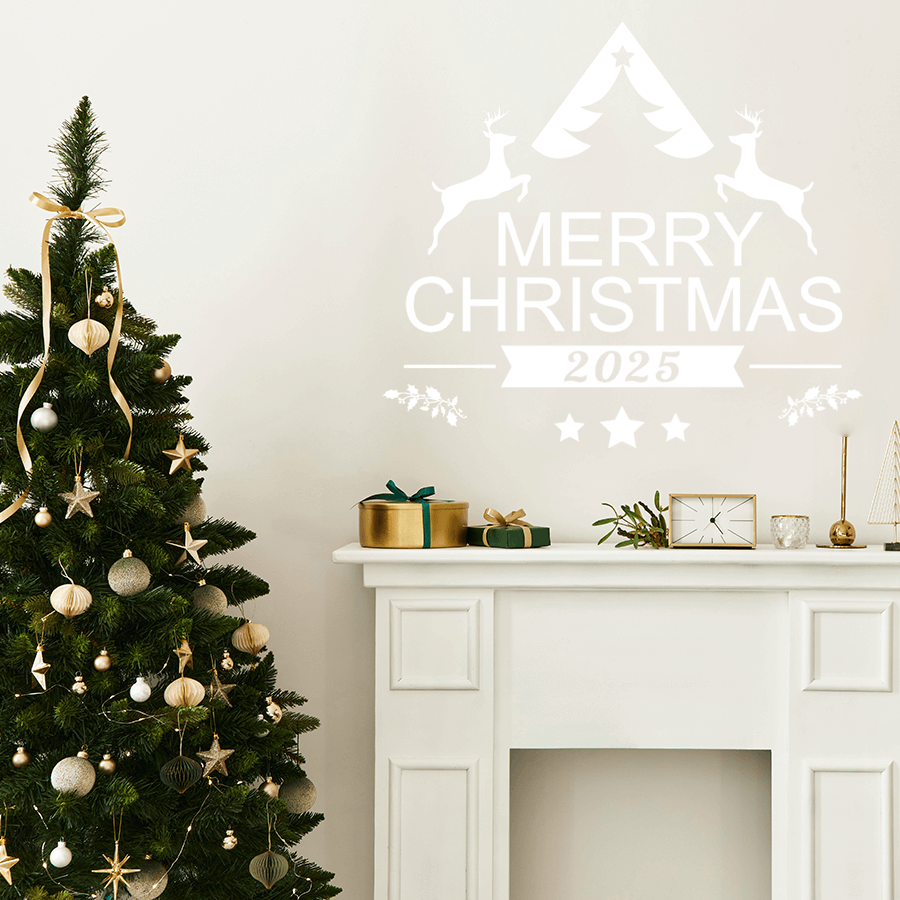 Αυτοκόλλητα Τοίχου - Αυτοκόλλητο “Merry Christmas 2025” με Ελαφάκια, Έλατο & Αστεράκια — εικόνα 3 από 6