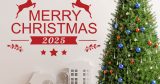 Αυτοκόλλητα Τοίχου - Αυτοκόλλητο “Merry Christmas 2025” με Ελαφάκια, Έλατο & Αστεράκια — εικόνα 1 από 6