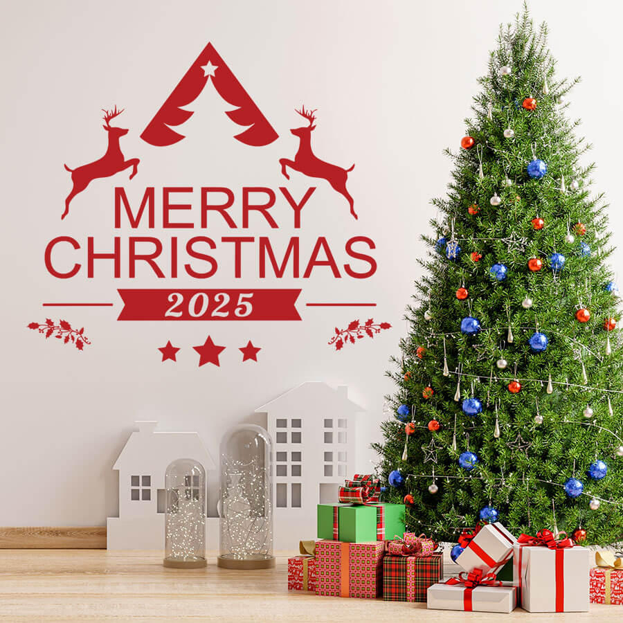 Αυτοκόλλητα Τοίχου - Αυτοκόλλητο “Merry Christmas 2025” με Ελαφάκια, Έλατο & Αστεράκια — εικόνα 1 από 6