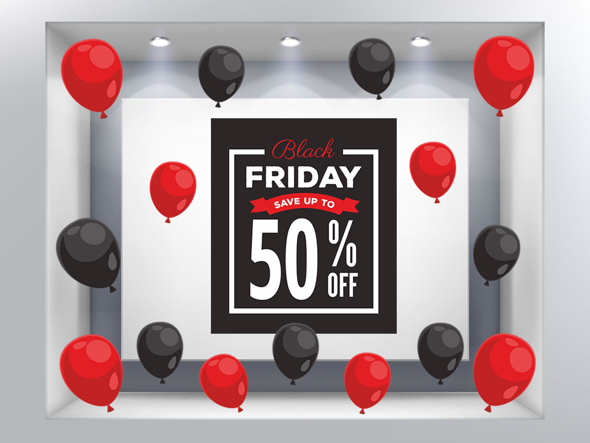 Black Friday - Αυτοκόλλητο Βιτρίνας Καταστημάτων - Black Friday Sale – Save up to με 27 μπαλόνια και το δικό σου ποσοστό — εικόνα 1 από 4