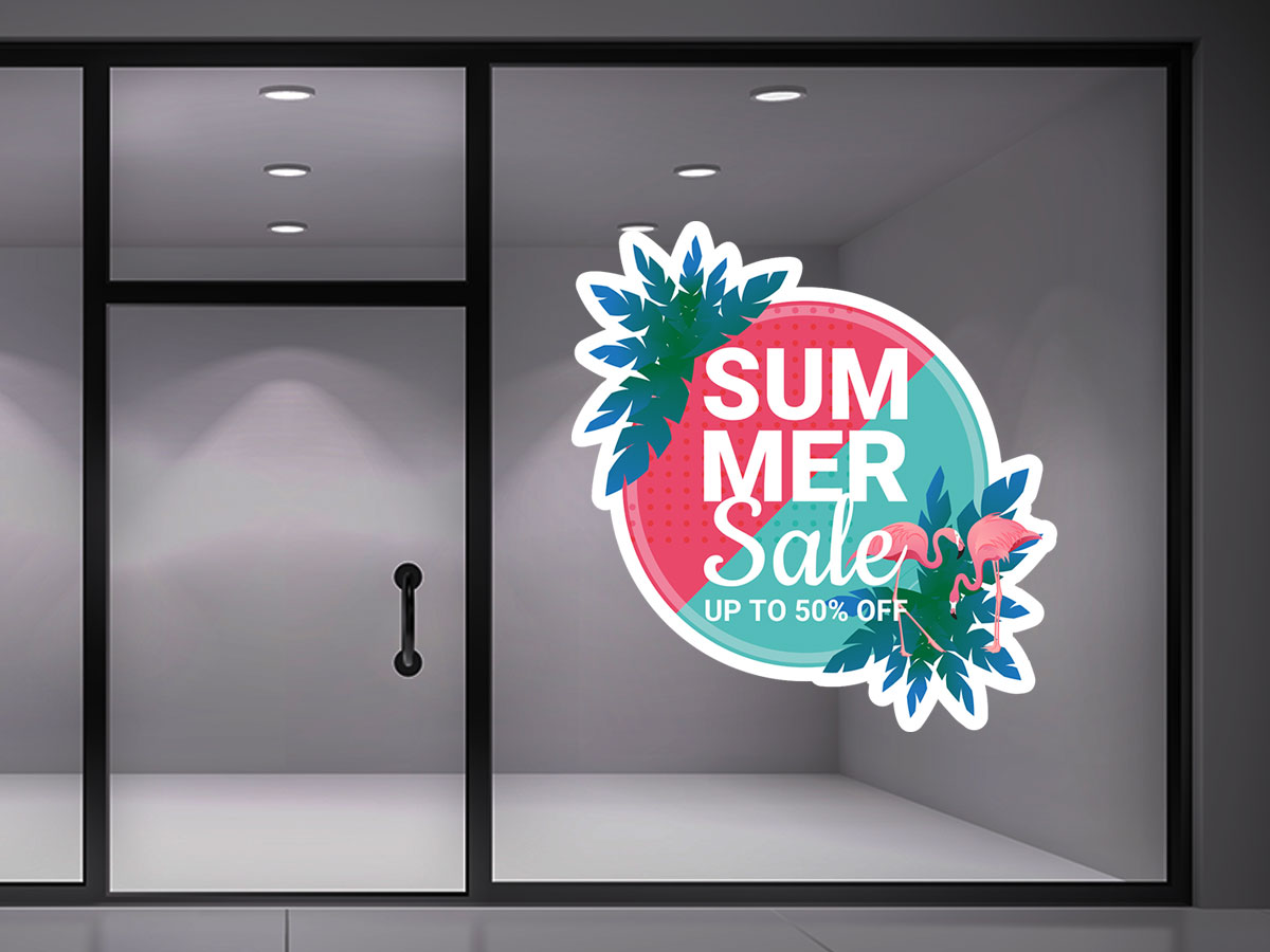 Αυτοκόλλητα καταστημάτων - Αυτοκόλλητο "SUMMER SALE" με Φλαμίνγκο και Τροπικά Φύλλα – Το Καλοκαίρι Ήρθε! 🌺🦩 — εικόνα 1 από 4