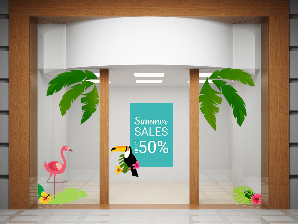 Αυτοκόλλητα καταστημάτων - Αυτοκόλλητο "SUMMER SALES" με Τροπικά Σχέδια – Καλοκαίρι σε κάθε γωνιά! 🌴🦜 — εικόνα 1 από 4