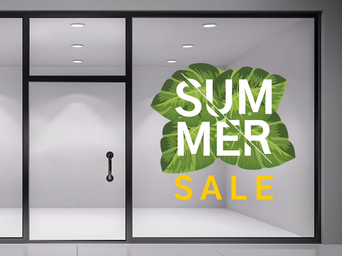 Αυτοκόλλητα καταστημάτων - Αυτοκόλλητο "SUMMER SALE" με Τροπικά Φύλλα – Φέρτε το Καλοκαίρι στη Βιτρίνα σας! 🌿☀️ — εικόνα 1 από 4