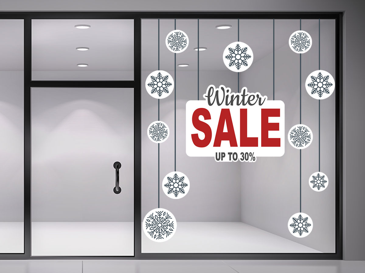 Αυτοκόλλητα καταστημάτων - Winter Sale με ποσοστό και 12 χιονονιφάδες — εικόνα 1 από 4