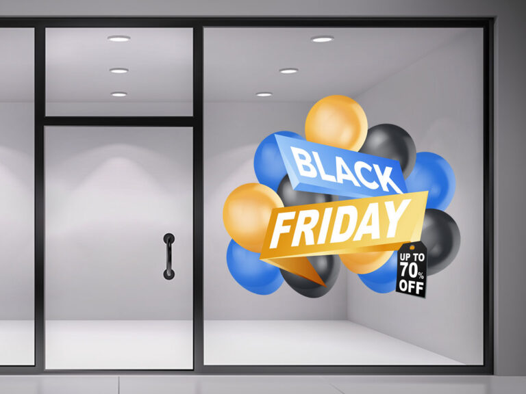 Black Friday - Black Friday με πολύχρωμα μπαλόνια – Αυτοκόλλητο Βιτρίνας — εικόνα 1 από 4