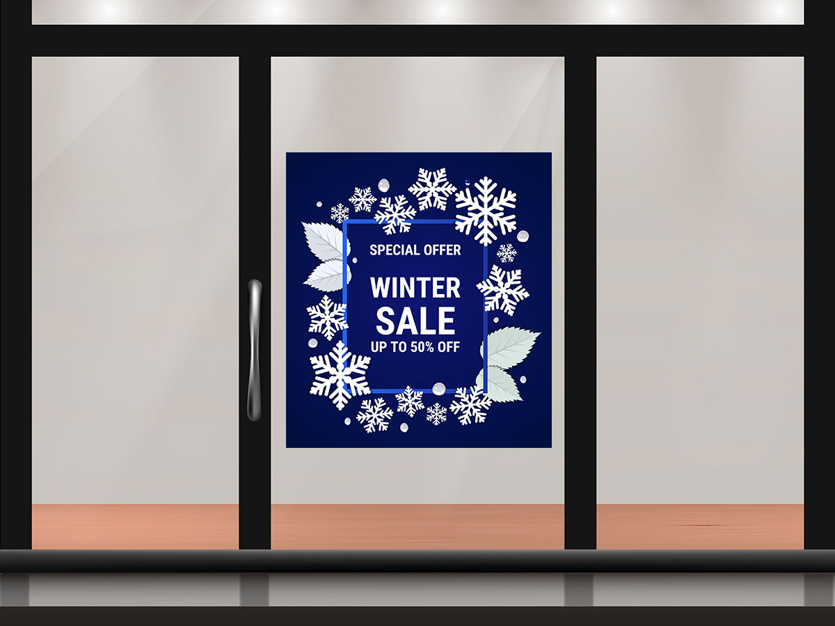 Αυτοκόλλητα καταστημάτων - Winter Sale - Μπλε φόντο και χιονονιφάδες — εικόνα 1 από 4