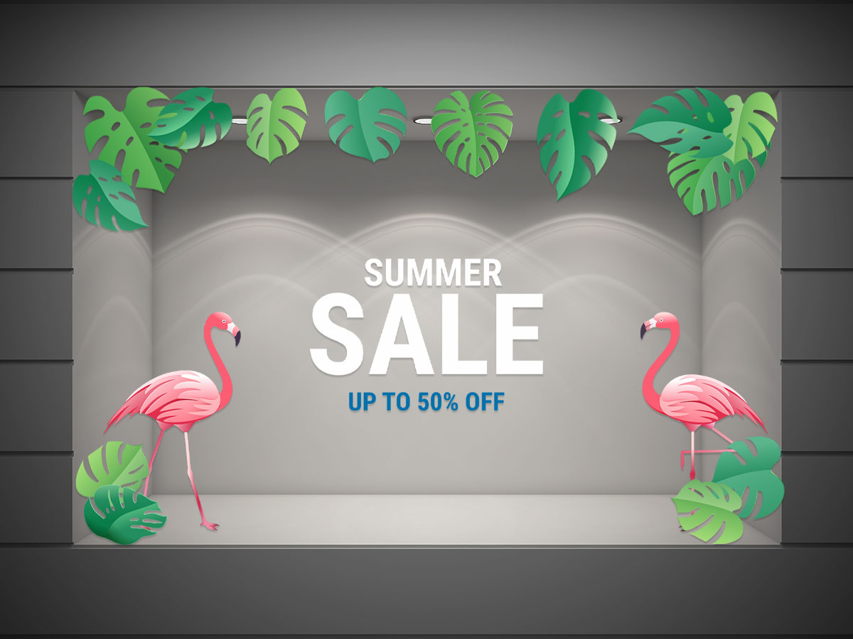 Αυτοκόλλητα καταστημάτων - Summer Sale με 2 φλαμίνγκο και 14 τροπικά φύλλα — εικόνα 1 από 4