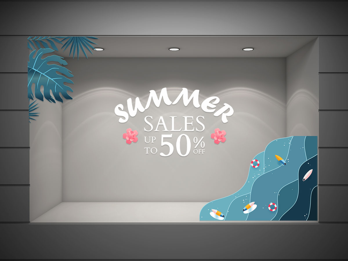 Αυτοκόλλητα καταστημάτων - Summer Sale - Κύματα και φύλλα για τις γωνίες — εικόνα 1 από 4