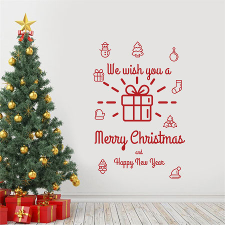 Αυτοκόλλητο “We Wish You a Merry Christmas & Happy New Year” με Δώρο & Στολίδια — εικόνα 1 από 6